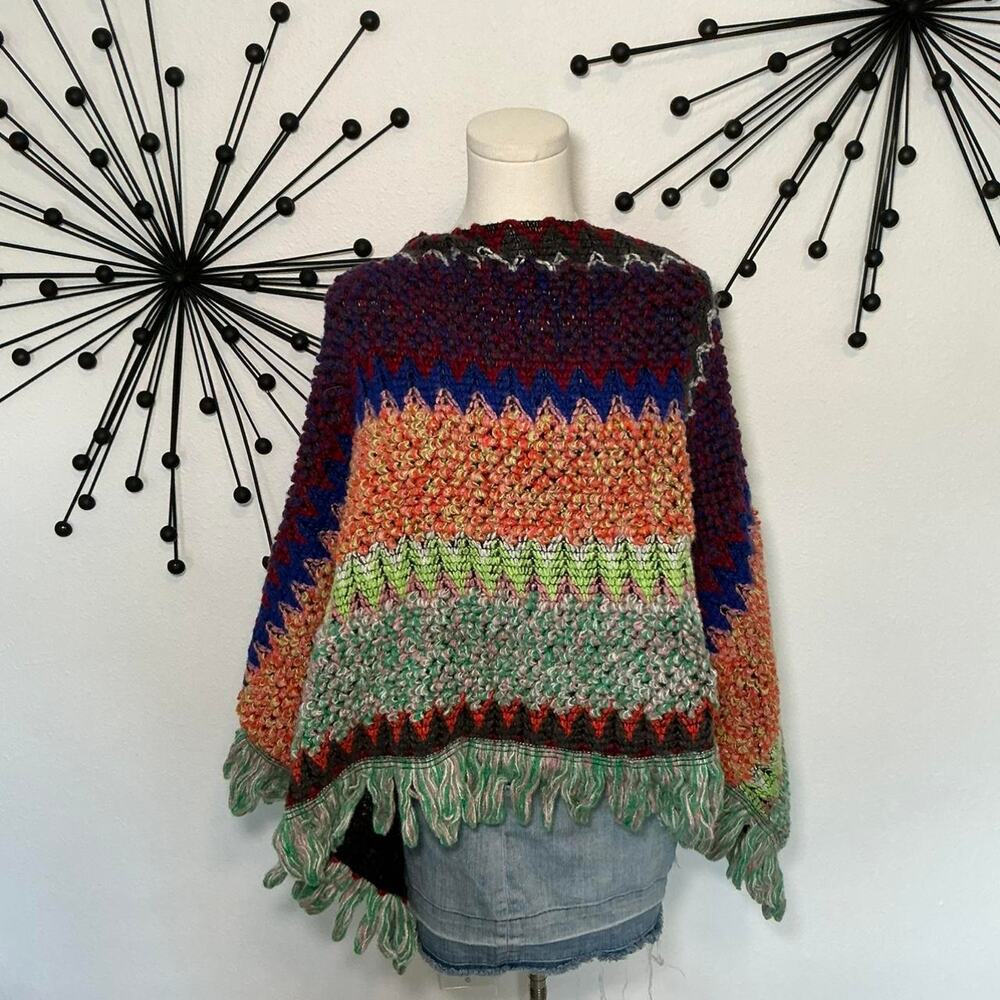 Multicolor chunky knit poncho sweater fringe hem boho oversized cozy Y2K